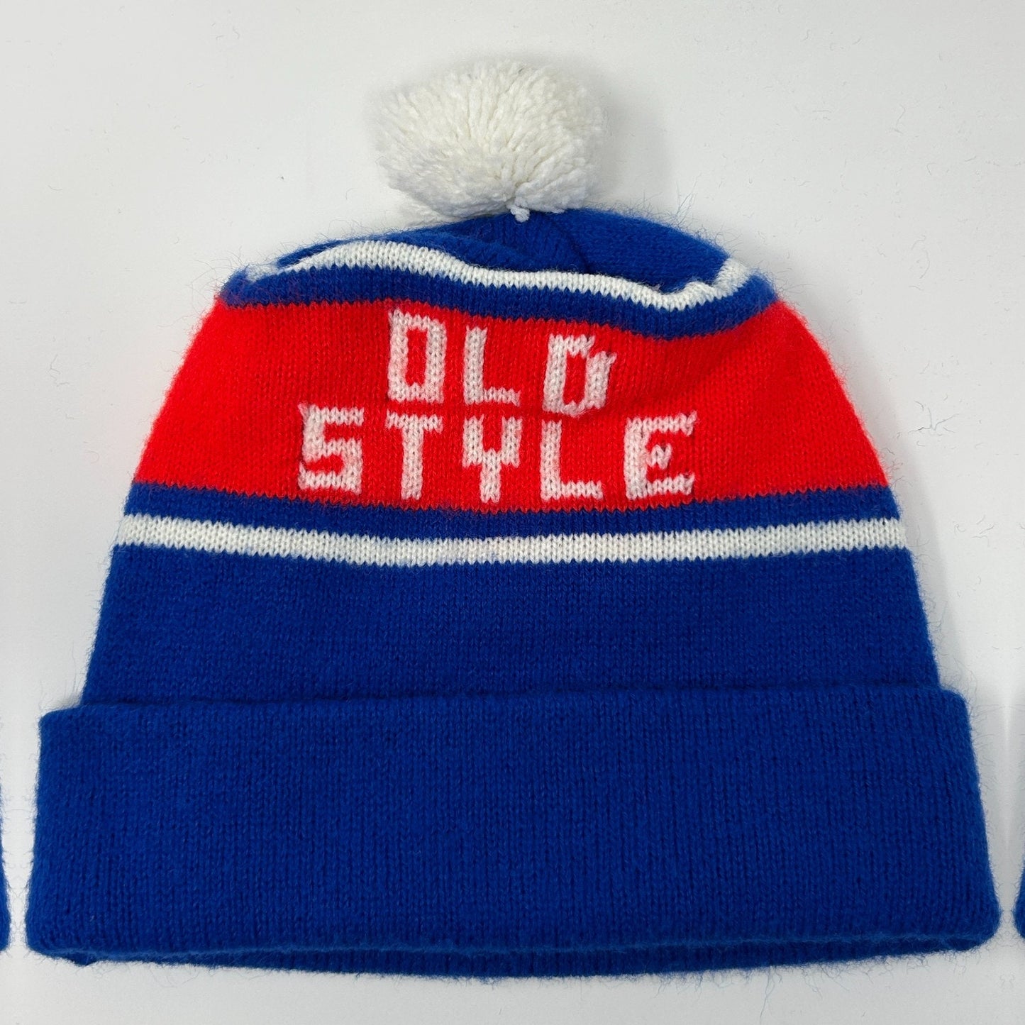 Vintage Old Style Beer Cuffed Pom Pom Beanie Toque Winter Hat Blue Breweriana