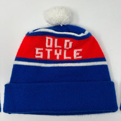 Vintage Old Style Beer Cuffed Pom Pom Beanie Toque Winter Hat Blue Breweriana