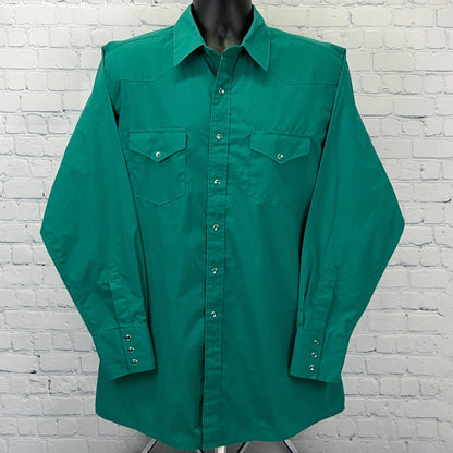 Vintage 90s White Horse Pearl Snap Button Front Shirt Western Green L Large