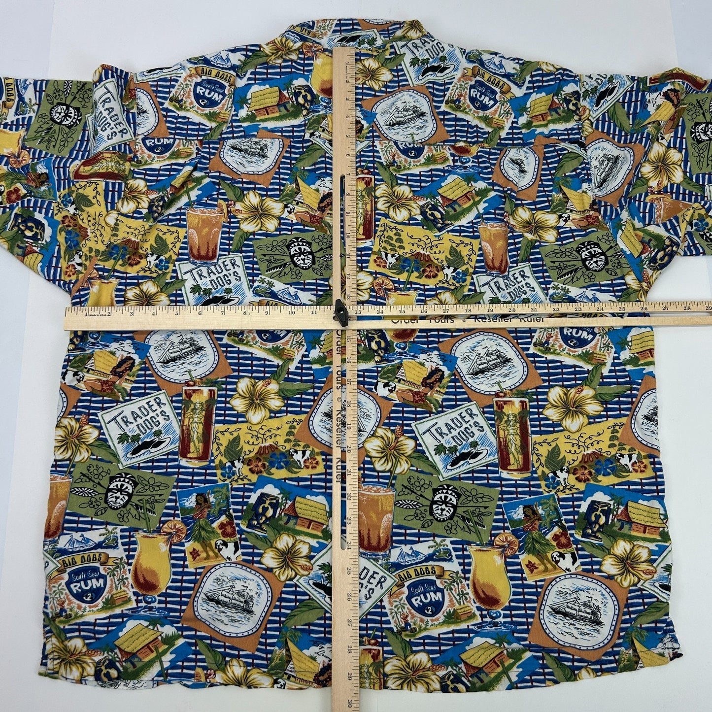 Big Dogs Hawaiian Camp Shirt Trader Dogs Rum Button Front Rayon Blue XXL 2XL