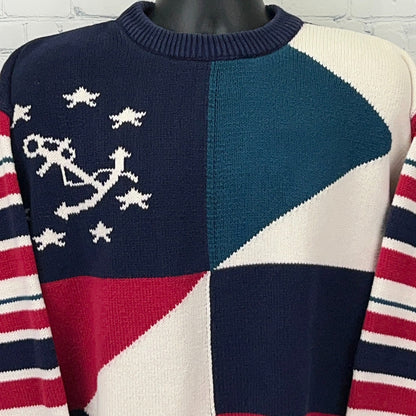 Vintage Cambridge Classics Nautical Anchor Color Block Cotton Sweater L Large