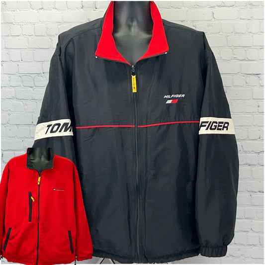 Vintage 90s Tommy Hilfiger Athletics Reversible Jacket Black Red Fleece XXL 2XL
