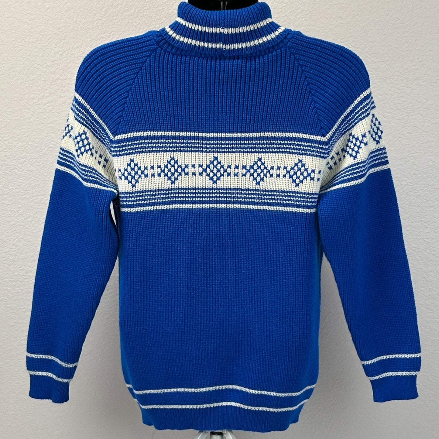 Vintage Fair Isle Nordic Turtleneck Sweater Knit Long Sleeve Blue S Small