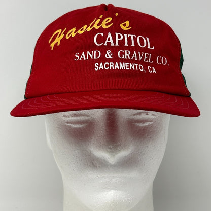 Vintage 90s Hasties Capitol Sand Gravel Co Trucker Hat Cap Sacramento Red USA