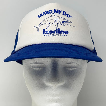 Vintage 80s Izorline Fishing Line Trucker Hat Baseball Cap Shark Snapback Blue