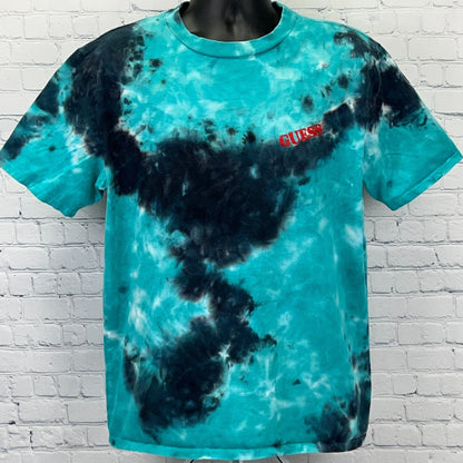GUESS Originals Tie Dye Graphic T Shirt M Medium Teal Black Nautical Flags Logo