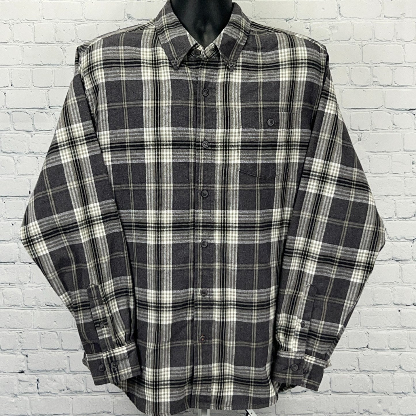 Weatherproof Vintage Flannel Shirt L Large Gray Black Plaid Button Front Cotton