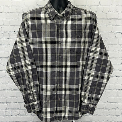 Weatherproof Vintage Flannel Shirt L Large Gray Black Plaid Button Front Cotton