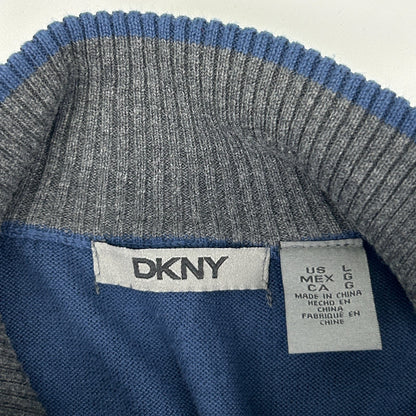 DKNY Full Zip Mock Neck Sweater Long Sleeve Cotton Navy Blue Mens L Large - Neon Vintage