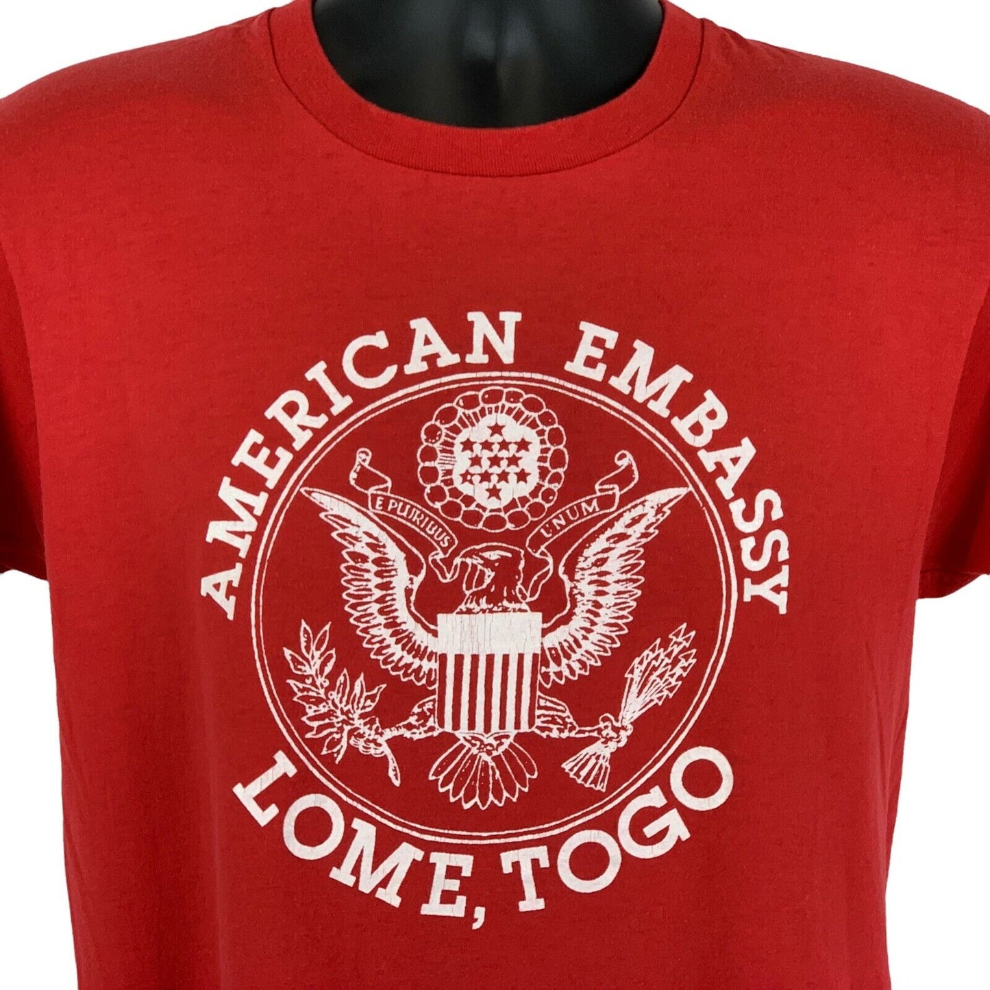 American US Embassy Lome Togo Vintage 80s T Shirt Medium Africa USA Tee Mens Red