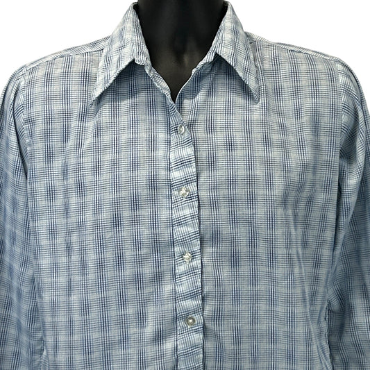 Vintage 70s 80s Button Front Shirt Big Collar Button Up Plaid Blue S Small