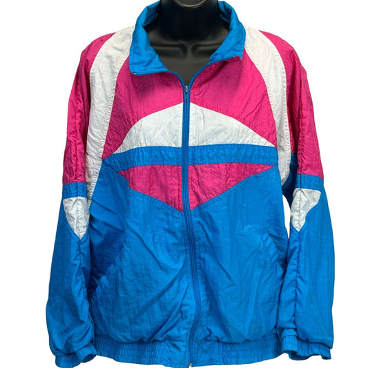 Vintage 80s Womens Track Jacket Windbreaker Pink Blue White Prima Large
