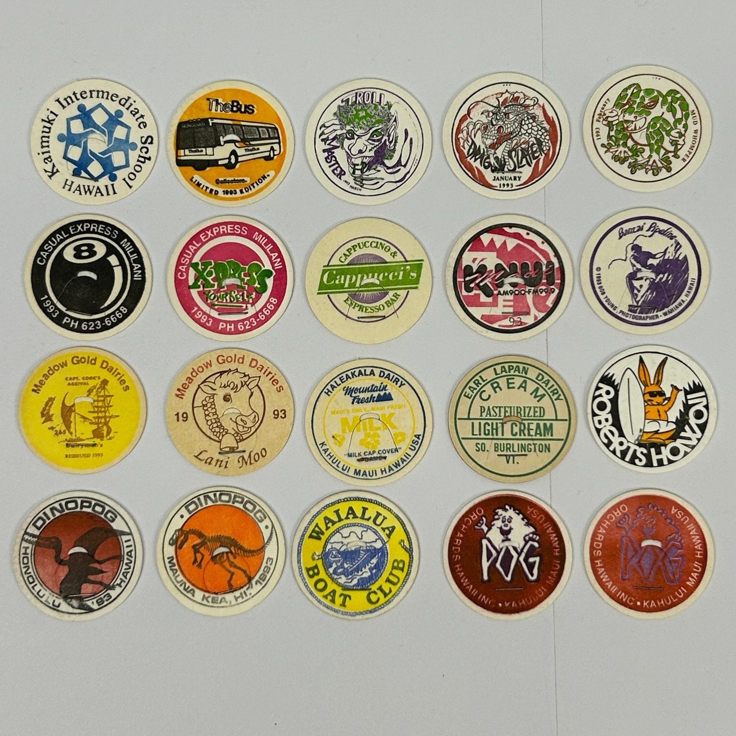 Lot of 20 Hawaii Milk Caps Pogs Vintage 90s Hawaiian Advertising Game 1993