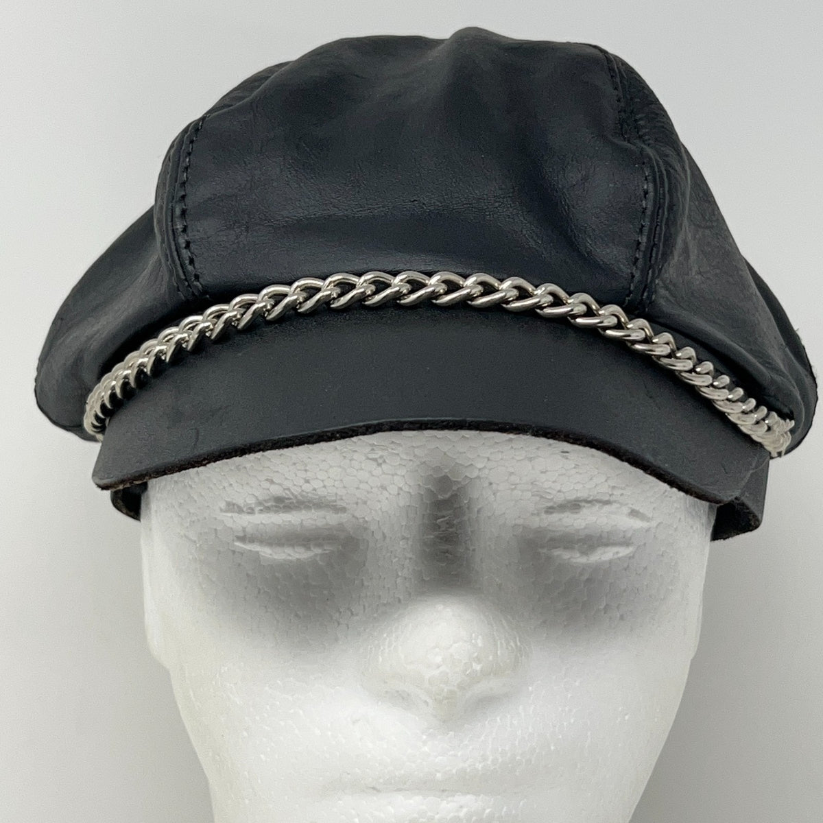 Vintage 90s Leather Captain Biker Hat Cap Black Chain Made in USA Strapback