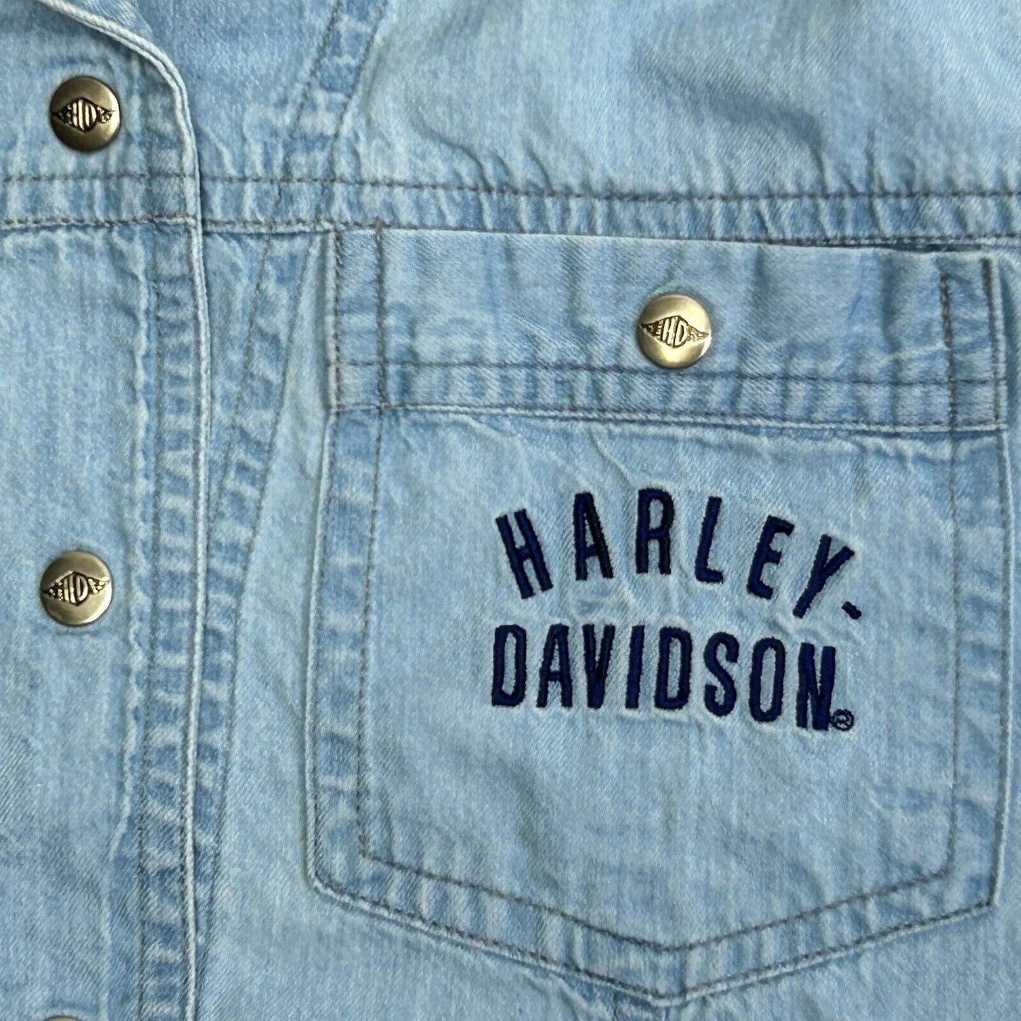 Harley Davidson Camisa sin mangas para mujer Chambray Denim Motocicletas Biker Azul XS