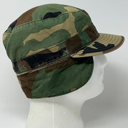 Vintage 80s US Army Woodland Camo Patrol Cap Ear Flaps BDU Military Hat 7 1/8