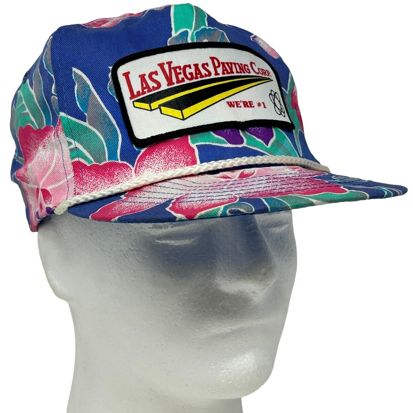 Las Vegas Paving Corp Hawaiian Floral Hat Vintage 90s Blue Rope Baseball Cap