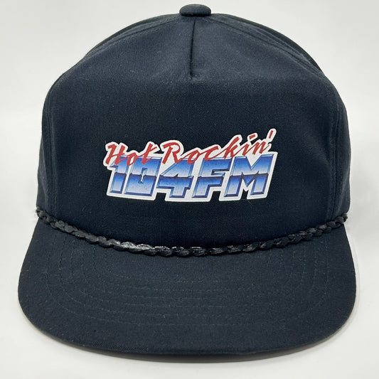 Vintage 80s Hot Rockin 104 FM Hat Cap KJJO Minneapolis St Paul Strapback Black - Neon Vintage