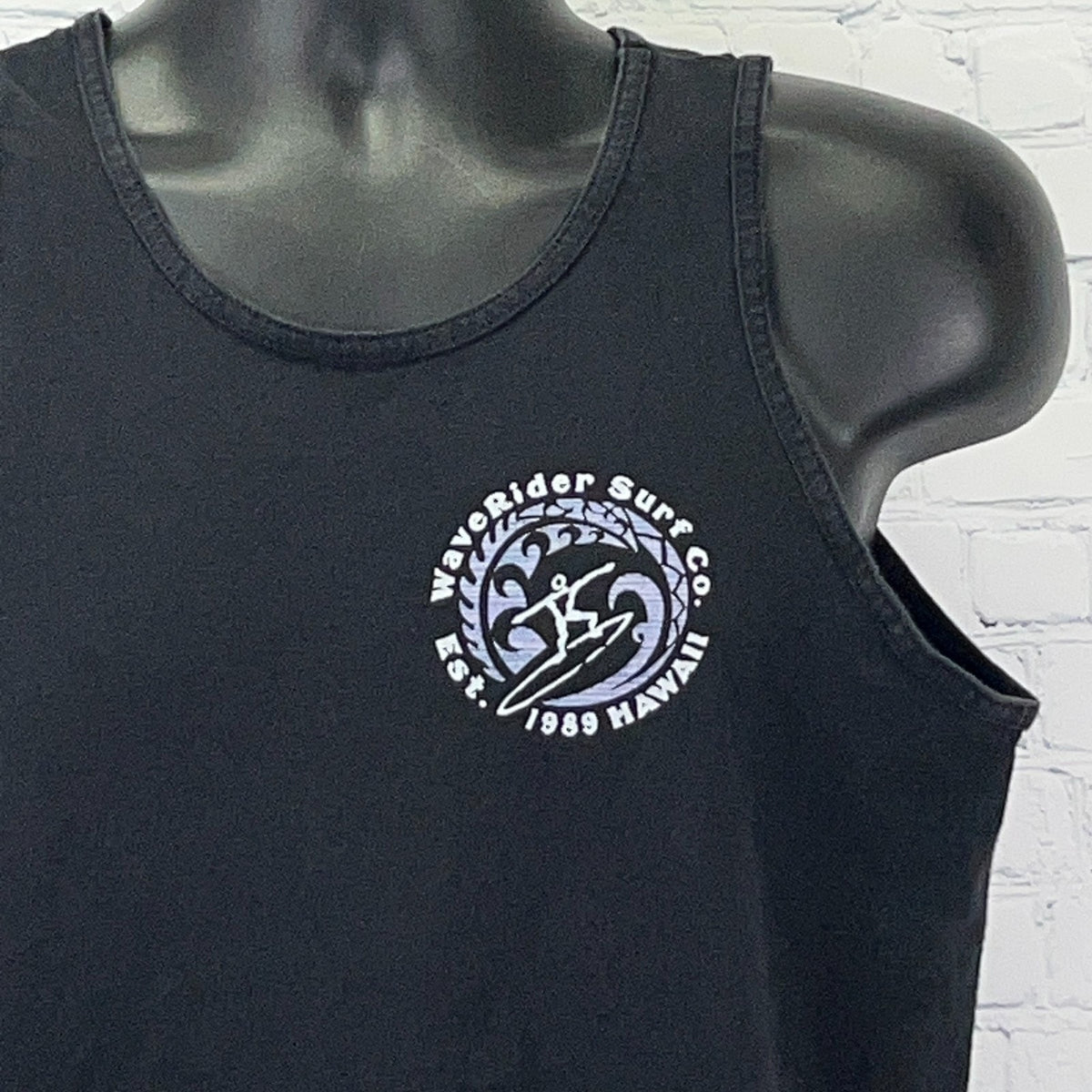 Wave Rider Surf Co Hawaii Tank Top M Medium Black Surfing Beach Graphic Shirt