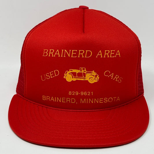 Vintage 80s Brainerd Used Cars Trucker Hat Baseball Cap Red Minnesota Snapback