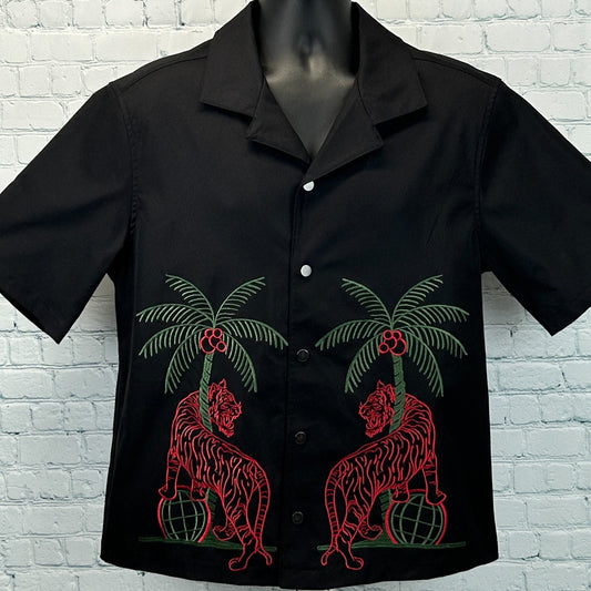 Fashion Nova Men Bengal Tigers Button Front Camp Shirt Black Mens M Medium