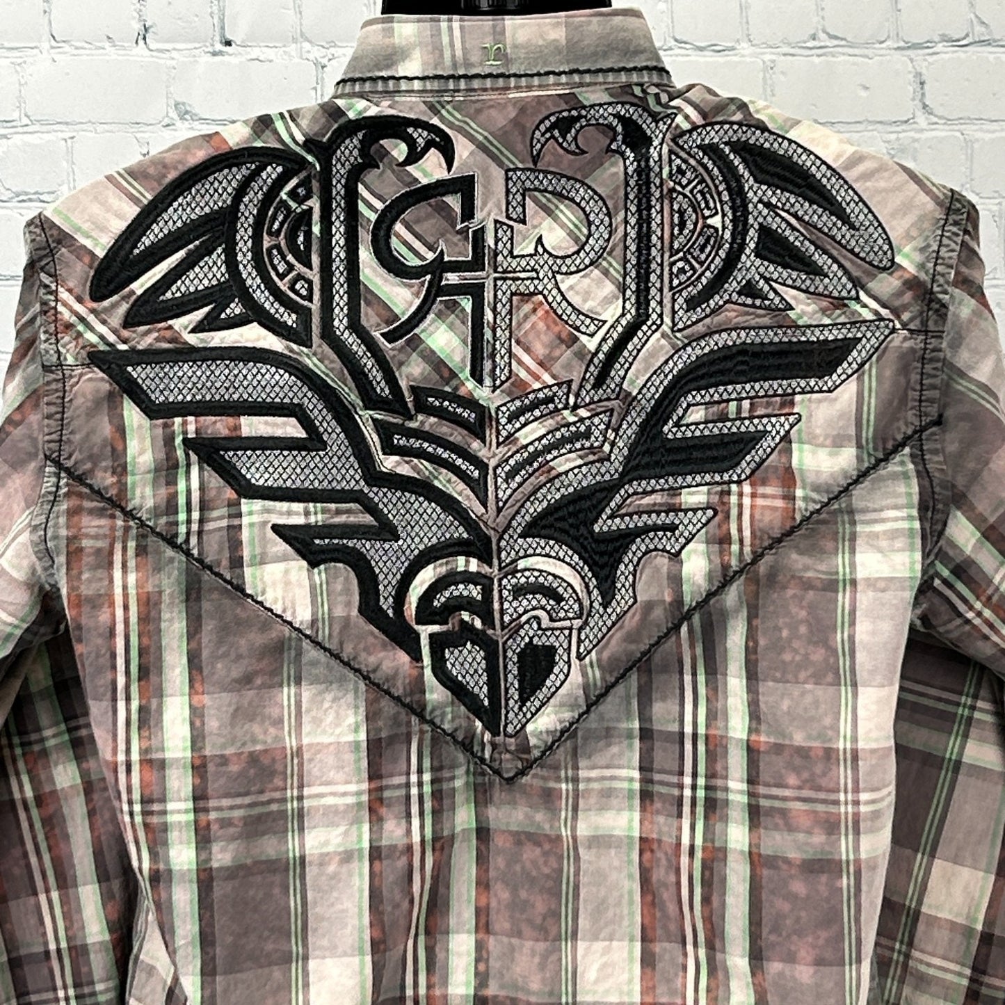 Roar x Buckle Button Front Shirt Cross Wings Long Sleeve Plaid Beige L Large