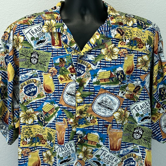 Big Dogs Hawaiian Camp Shirt Trader Dogs Rum Button Front Rayon Blue XXL 2XL