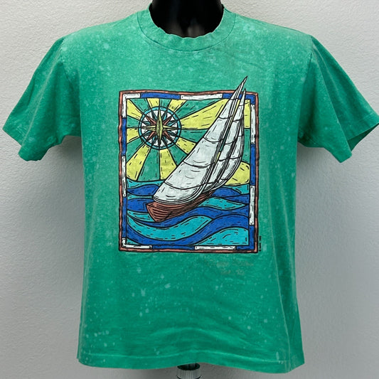 Vintage 90s Sailboat T Shirt Sailing Yachting Nautical Made In USA Green S Small - Neon Vintage