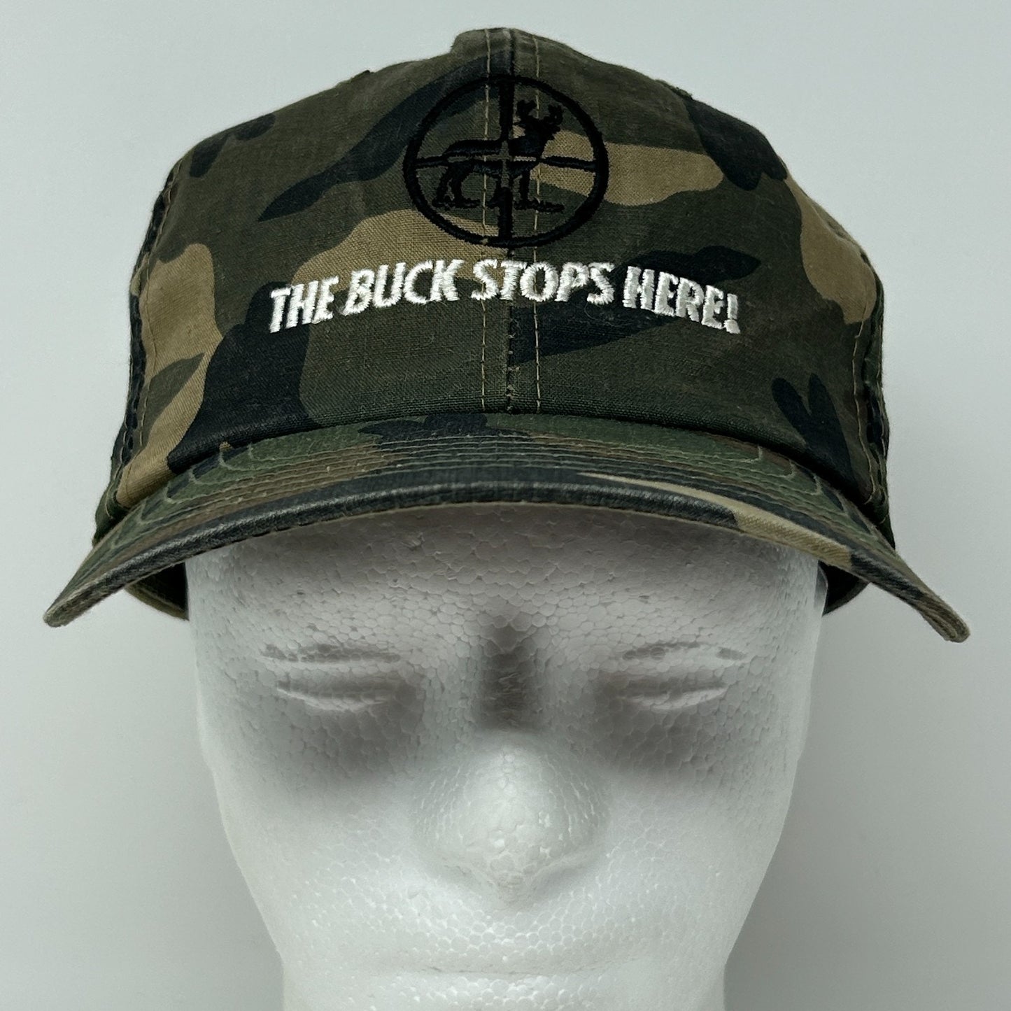 Vintage 90s Buck Stops Here Hat Baseball Cap Hunting Camouflage Green Snapback