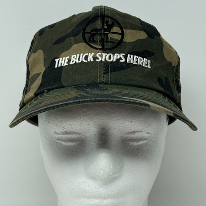 Vintage 90s Buck Stops Here Hat Baseball Cap Hunting Camouflage Green Snapback