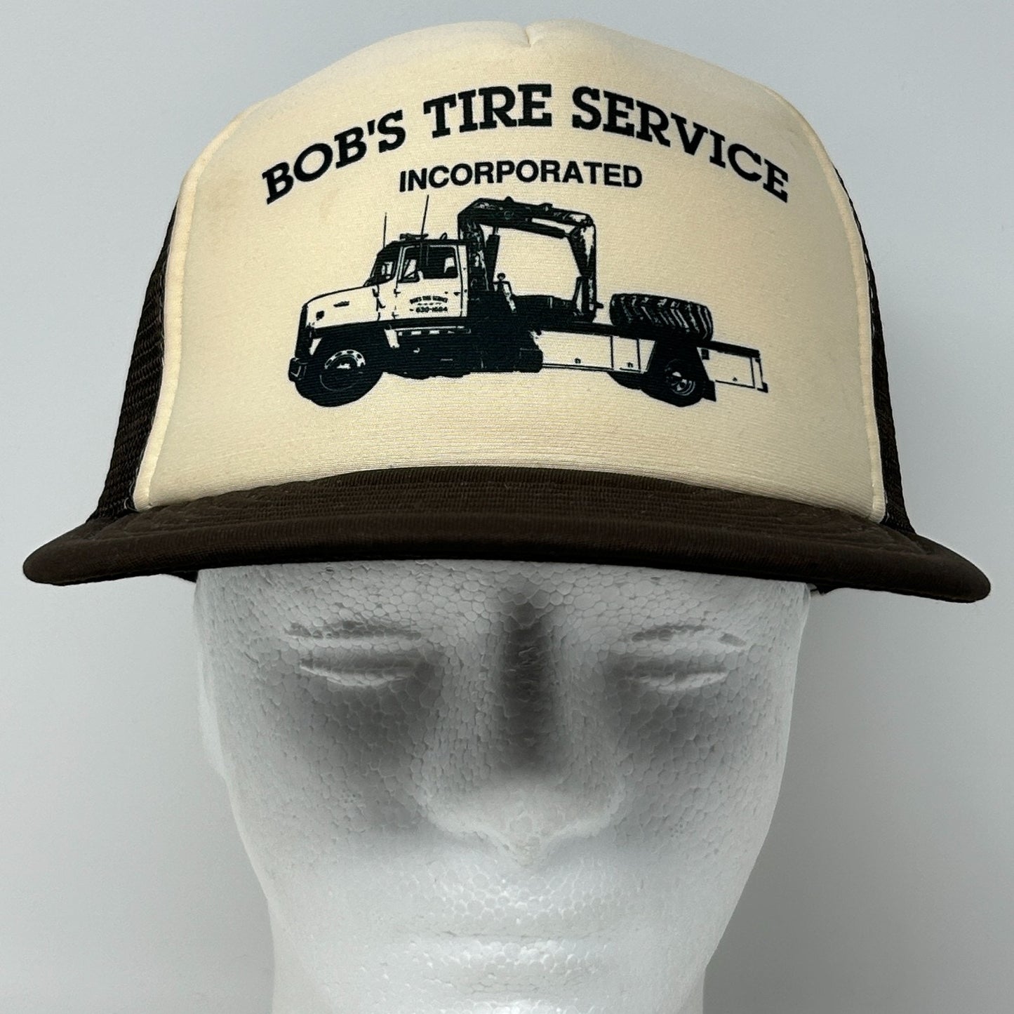 Vintage 80s Bobs Tire Service Trucker Hat Baseball Cap Mesh Snapback Brown