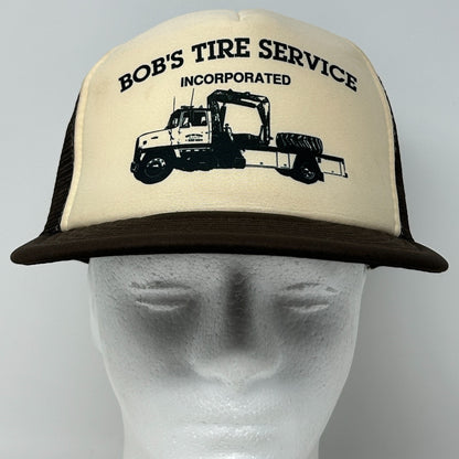 Vintage 80s Bobs Tire Service Trucker Hat Baseball Cap Mesh Snapback Brown