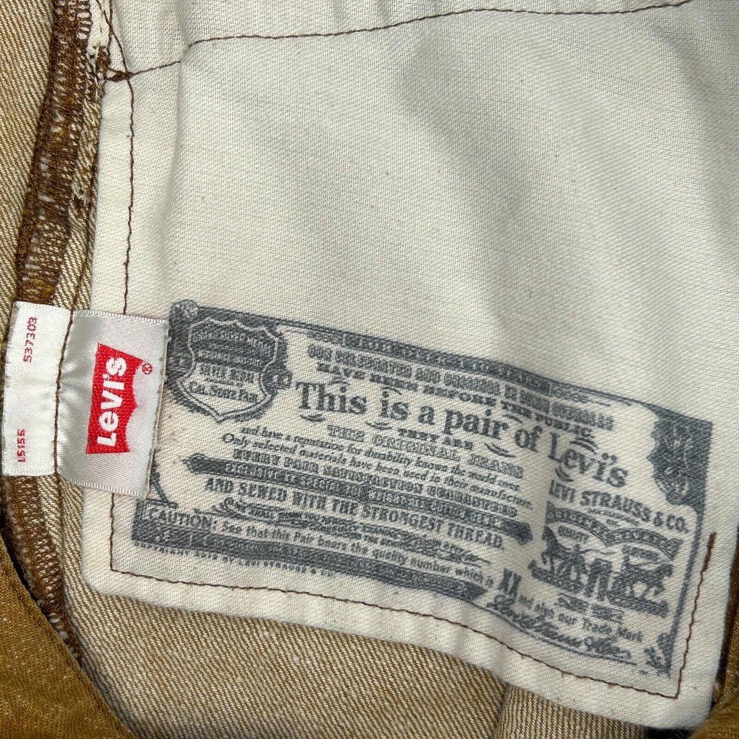 Levis 501 金色纽扣飞牛仔裤 33x29 白橡木锥形牛仔布红色标签男式黄色