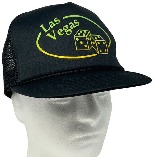 Gorra de camionero vintage de Las Vegas de los años 90, gorra de béisbol negra con cierre trasero de malla y diseño de dados de casino