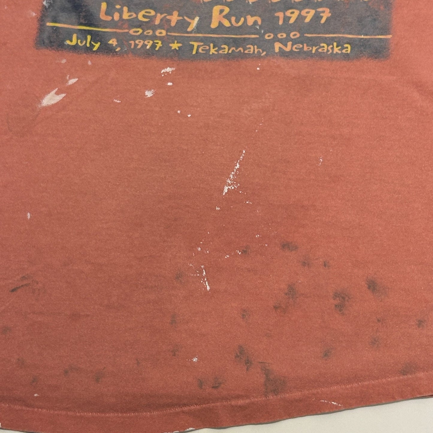 Vintage 90s Distressed Liberty Run T Shirt Tekamah Nebraska Orange XL X-Large
