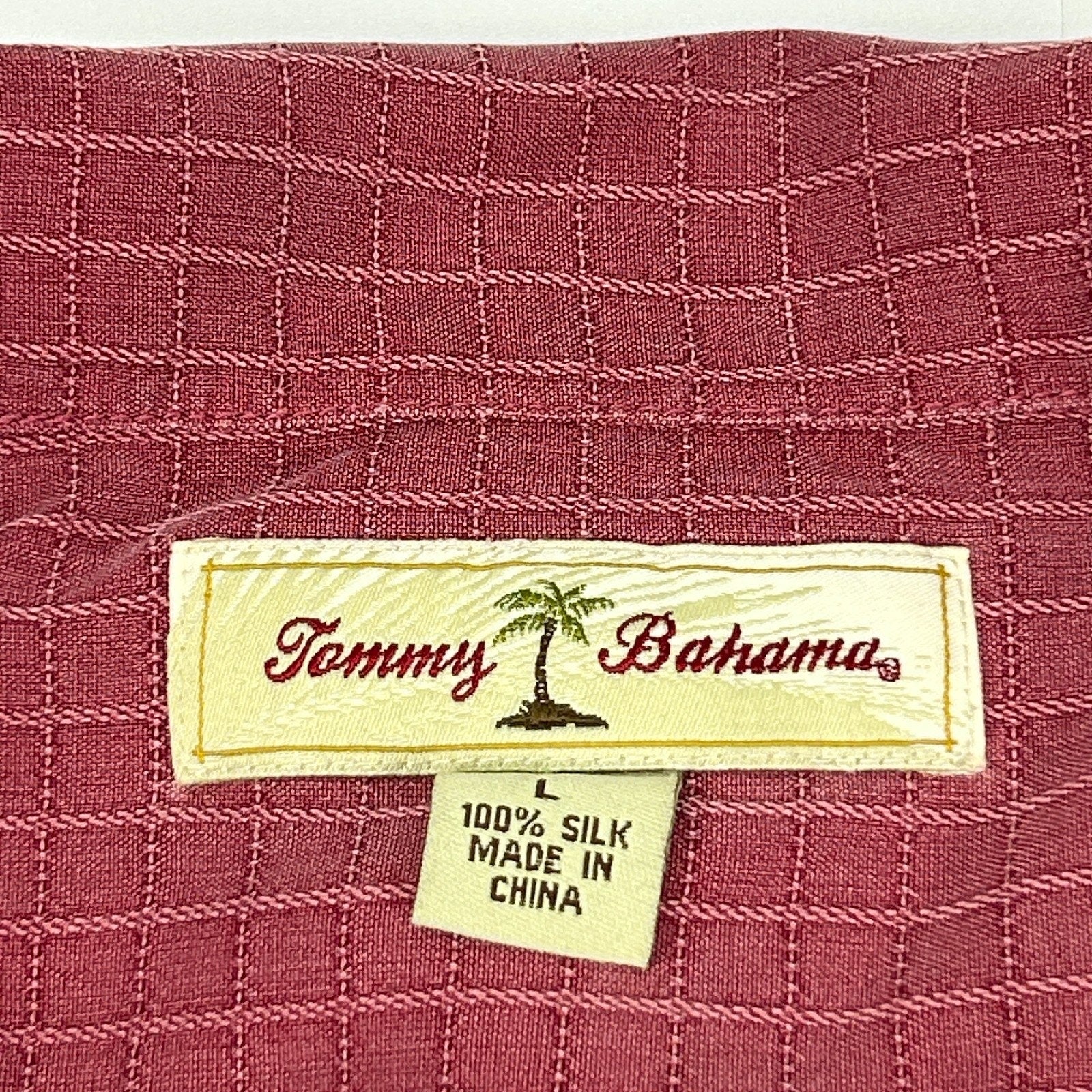 Tommy Bahama Hawaiian Camp Shirt Check Grid Button Front Pocket Silk Red L Large - Neon Vintage