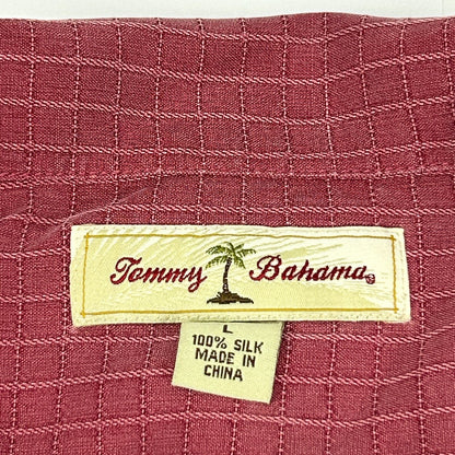 Tommy Bahama Hawaiian Camp Shirt Check Grid Button Front Pocket Silk Red L Large - Neon Vintage