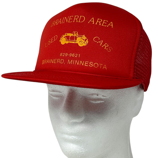 Vintage Brainerd Area Used Cars Trucker Hat Cap Red 80s Minnesota Mesh Snapback