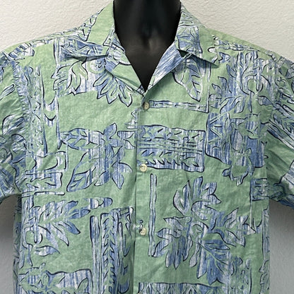 Go Barefoot Hawaiian Button Front Camp Shirt Reverse Print USA Green L Large