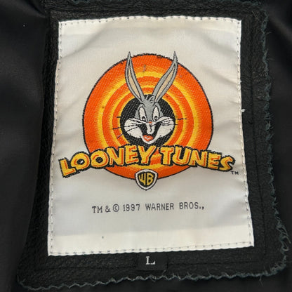 Vintage 90s Looney Tunes Leather Bomber Jacket 1997 Warner Bros Black L Large