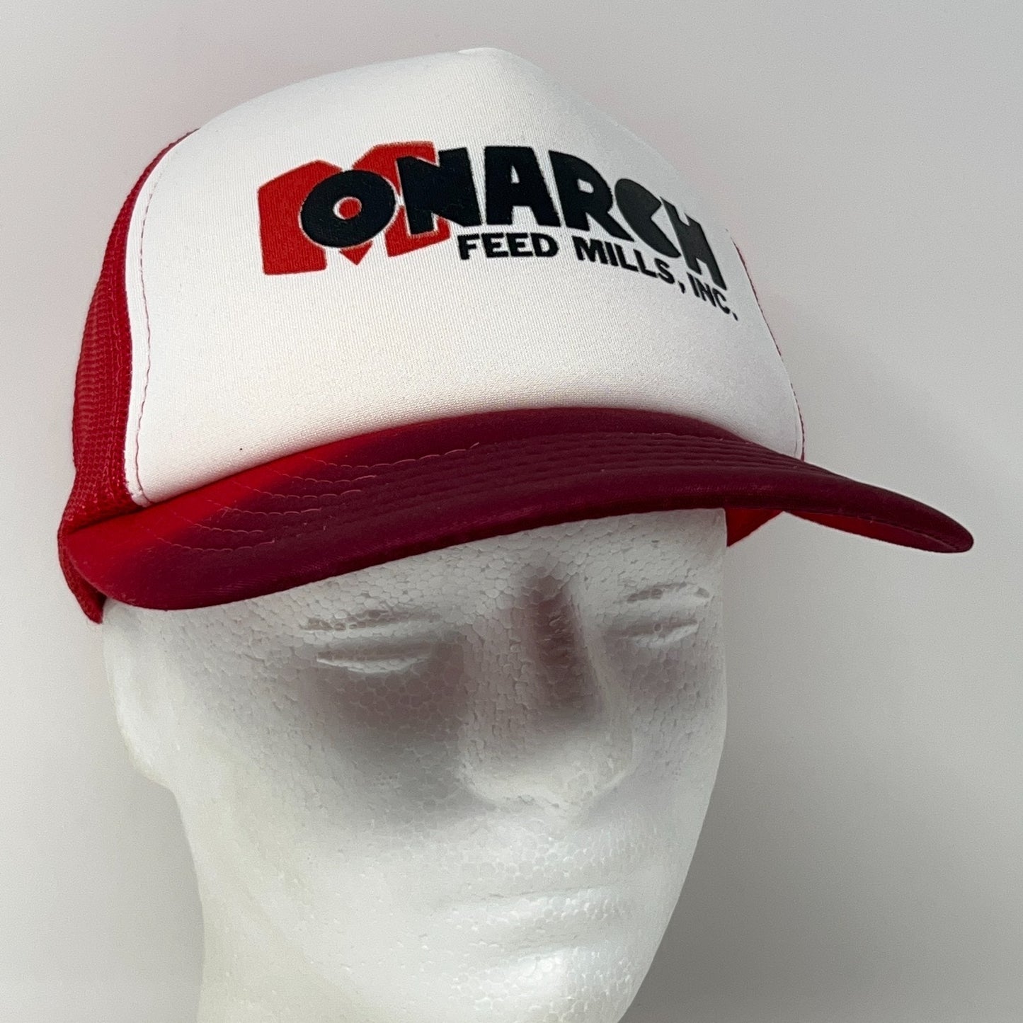 Vintage 80s Monarch Feed Mills Trucker Hat Baseball Cap Farmer Mesh Snapback Red