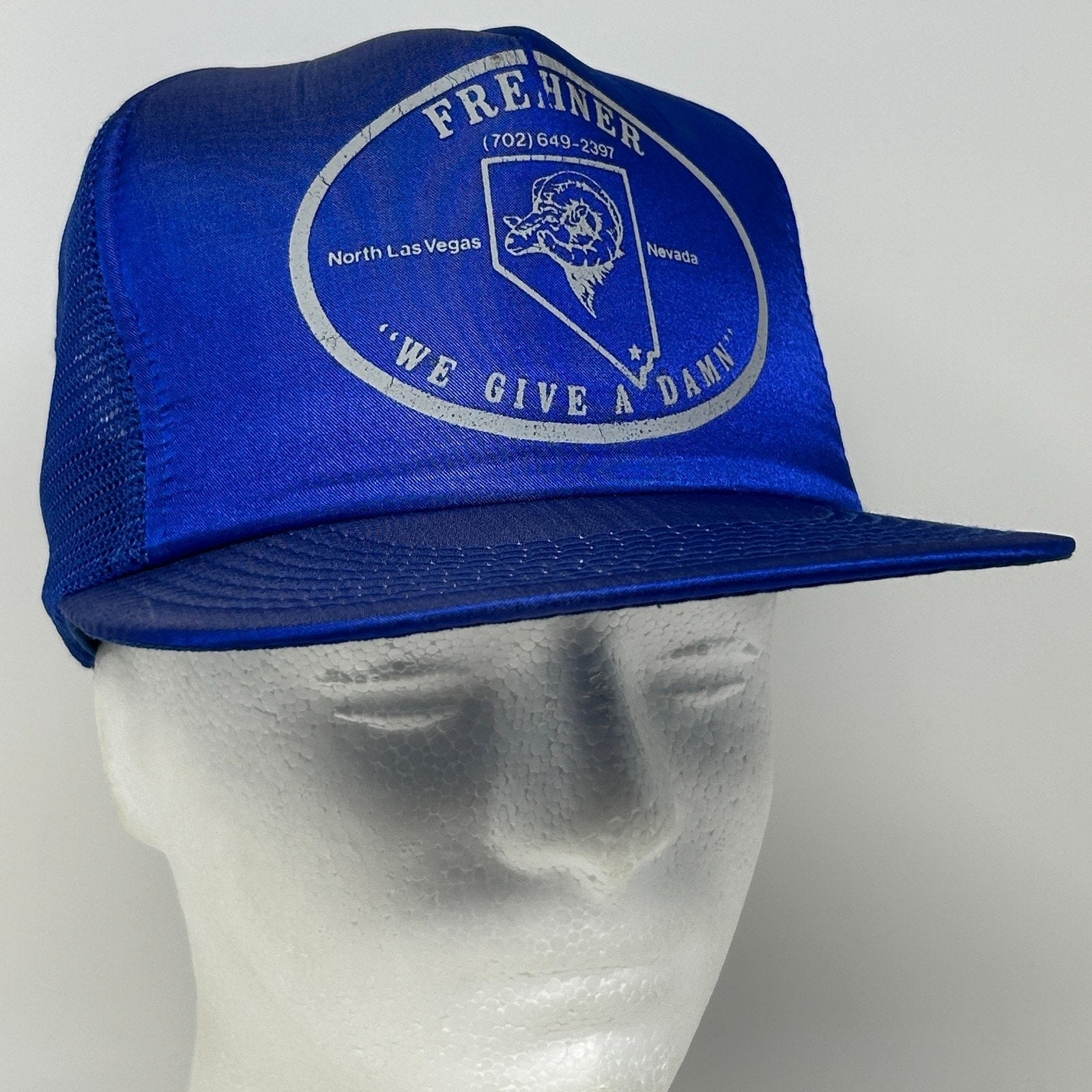 Vintage 80s Frehner North Las Vegas Trucker Hat Baseball Cap Mesh Snapback Blue - Neon Vintage