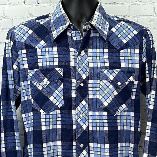 Vintage 70s Sears Western Wear Pearl Snap Flannel Shirt Blue Button Up M Medium