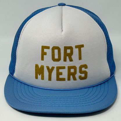 Fort Myers Florida Vintage 80s Trucker Hat Blue Rope Mesh Snapback Baseball Cap