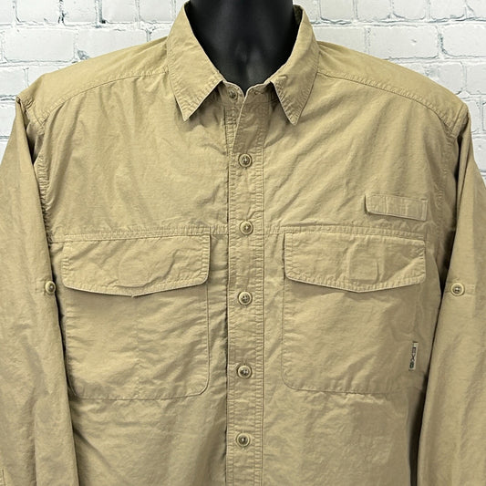 ExOfficio Button Front Shirt Hiking Hiker Fisherman Fishing Vented Beige Medium