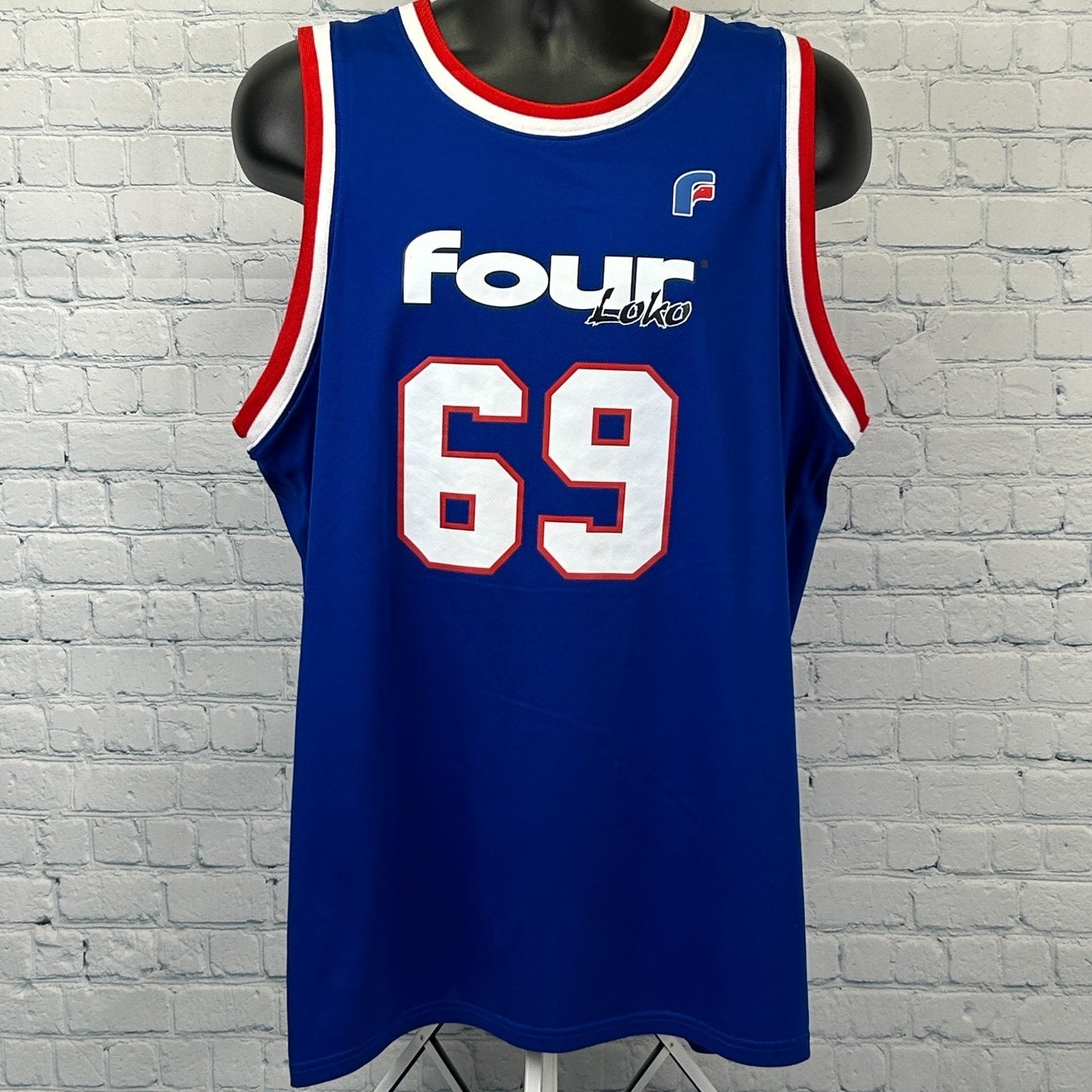 Four Loko 69 Tank Top Basketball Jersey Blue Athletic Knit Sleeveless L Large - Neon Vintage