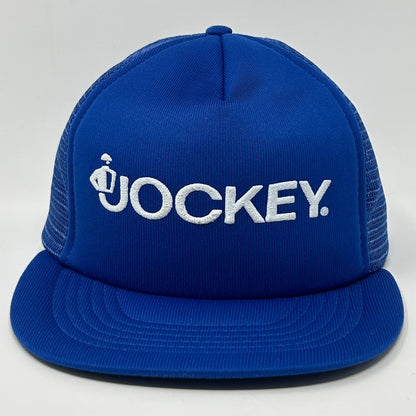 Vintage Jockey Brand Trucker Hat Cap Blue 80s Logo Mesh Snapback Foam Front