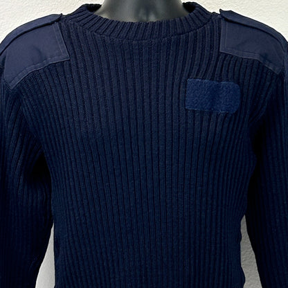 Vintage 80s Military Wool Sweater Epaulettes Elbow Patches Navy Blue Medium 40