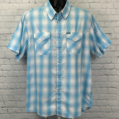 Dixxon Flannel Co Bel Air Pearl Snap Button Front Shirt SS Plaid Blue XL X-Large