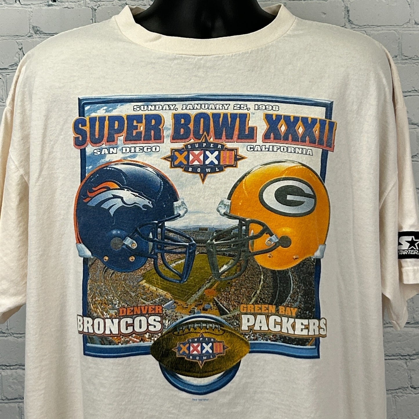 Vintage 90s Super Bowl XXXII T Shirt Denver Broncos NFL Starter Ivory XL X-Large
